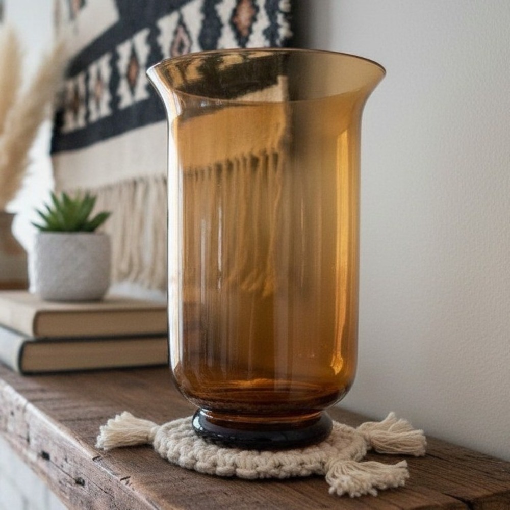 Elements Amber Votive Candle Holder, Hand Blown Glass Vase, Vintage Tealight Cup